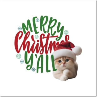 Cute cat in Santa hat Merry Christmas y'all ,Brafdesign Posters and Art